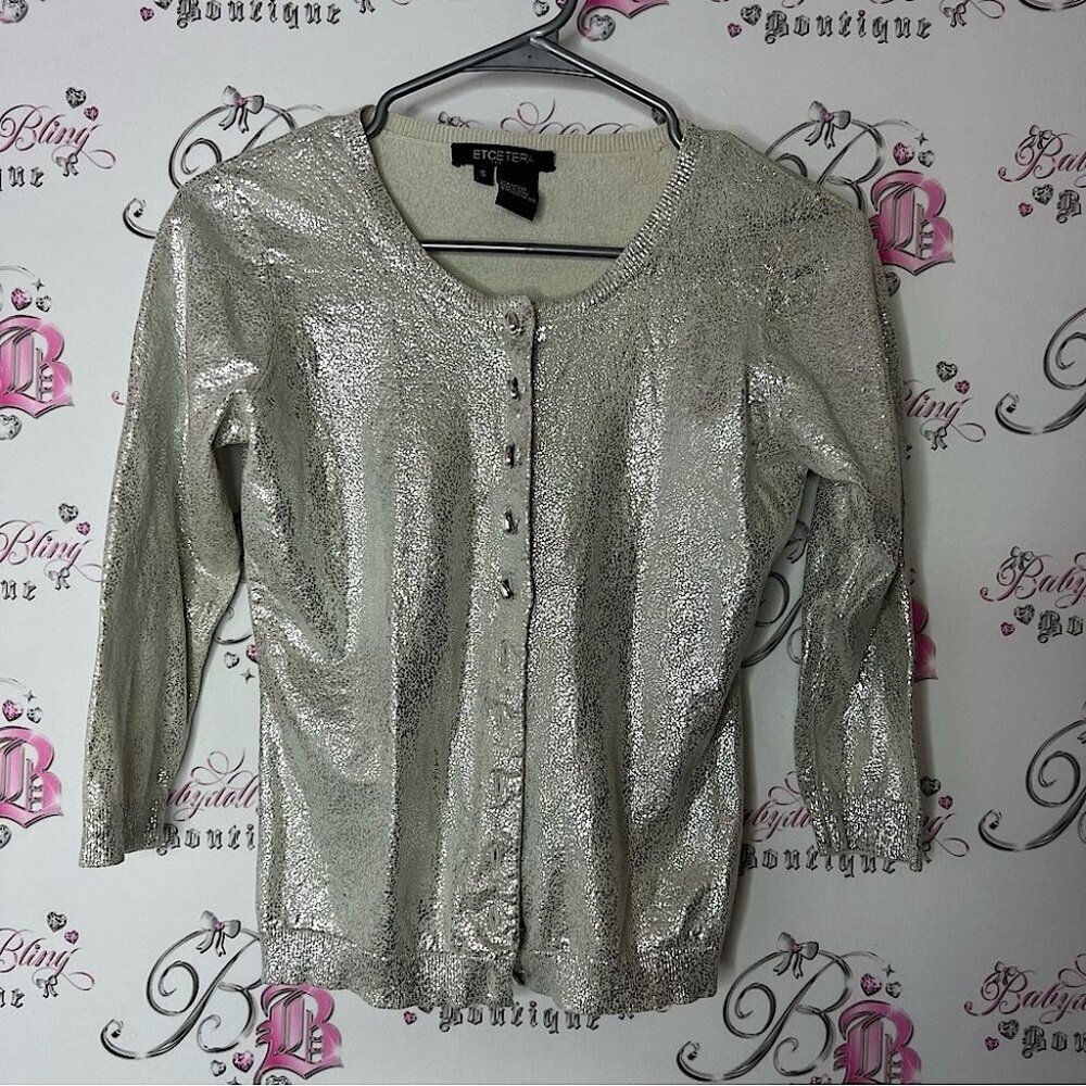 Etcetera cardigan shiny shimmer grey silver buttons comfy stretchy